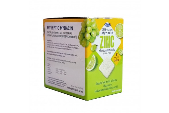 (КОРОБКА 20 ШТ) Пастилки от боли в горле и кашля Mybacin &amp;quot;Цинк + витамин С и коэнзим Q10&amp;quot; со вкусом винограда и лайма 20 шт