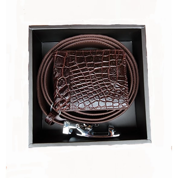 Набор для мужчины: ремень и зажим для денег из кожи сиамского крокодила (Коричневый) 