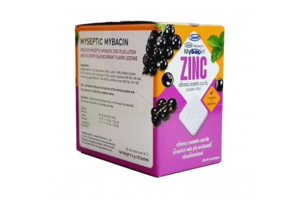 (КОРОБКА 20 ШТ) Пастилки от боли в горле и кашля Mybacin &amp;quot;Цинк + лютеин и экстракт черники&amp;quot; со вкусом черной смородины 20 шт