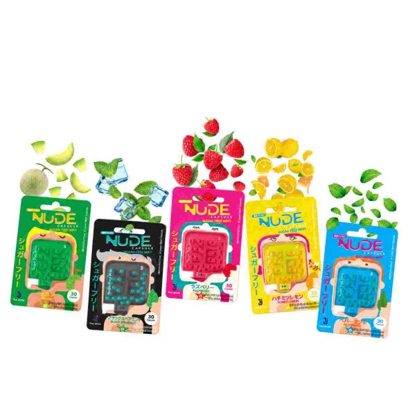 Пять вкусов капсул NUDE Sugar Free Mint в цветных упаковках по 30 штук