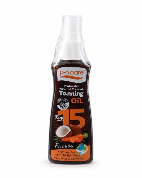 P.O. Care Protective Natural Coconut Tanning Oil SPF15 — масло для загара с кокосом и маслом моркови, лицо и тело, 80 мл