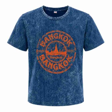 Футболка Bangkok Thailand синяя acid wash, 100% хлопок, принт спереди и сзади