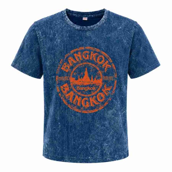 Футболка Bangkok Thailand синяя acid wash, 100% хлопок, принт спереди и сзади
