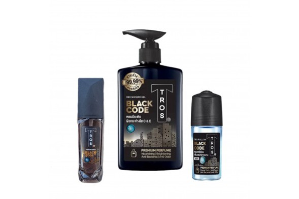 Набор Tros Black Code для мужчин (Гель для души, парфюмированный спрей, дезодорант)