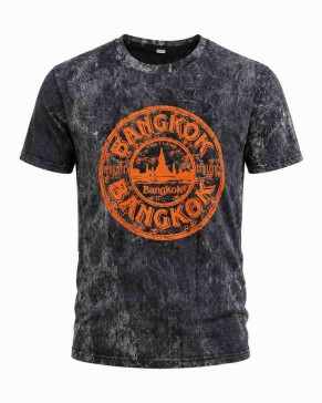 Серая футболка Bangkok Thailand 100% хлопок acid wash с оранжевым принтом