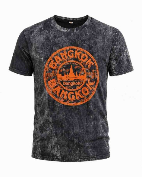 Серая футболка Bangkok Thailand 100% хлопок acid wash с оранжевым принтом