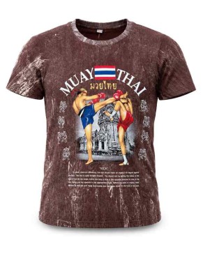 Коричневая футболка Muay Thai 100% хлопок acid wash с принтом тайский бокс