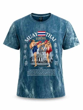 Голубая футболка Muay Thai 100% хлопок acid wash с принтом тайский бокс