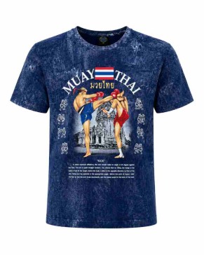 Темно-синяя футболка Muay Thai 100% хлопок acid wash с принтом тайский бокс