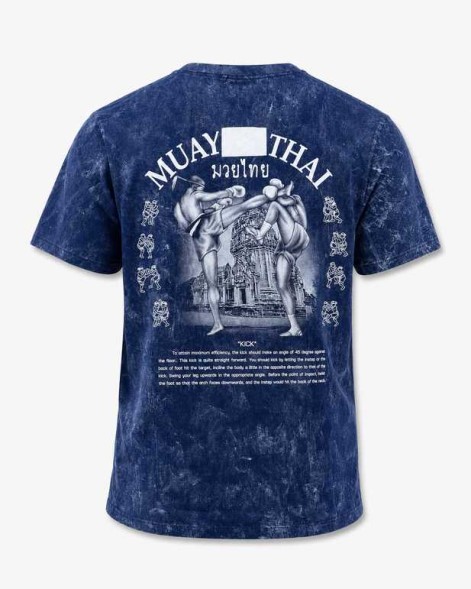 Темно-синяя футболка Muay Thai 100% хлопок acid wash с принтом тайский бокс