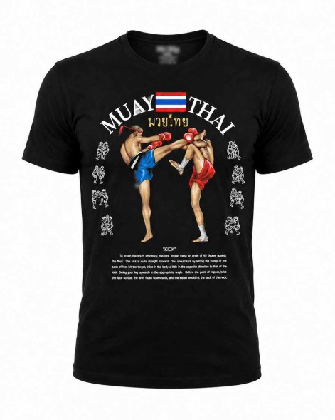 Черная футболка Muay Thai 100% хлопок с принтом «Удар ногой» (Kick), спереди и сзади