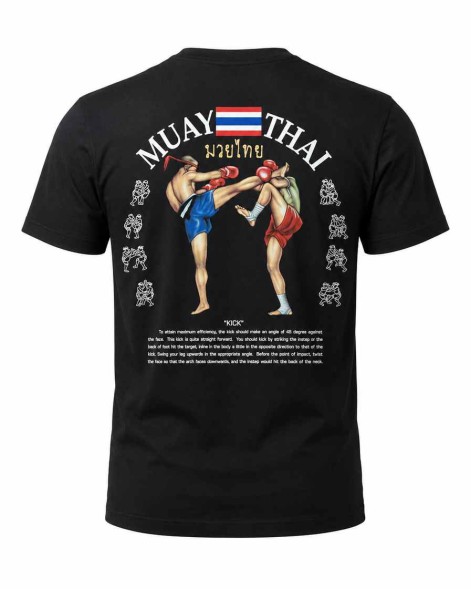 Черная футболка Muay Thai 100% хлопок с принтом «Удар ногой» (Kick), спереди и сзади