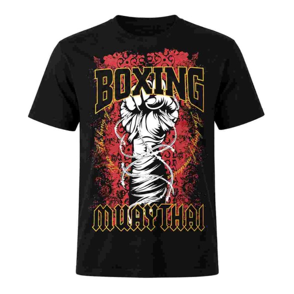 Черная футболка Muay Thai 100% хлопок с принтом «Boxing Muaythai» и кулаком в колючей проволоке
