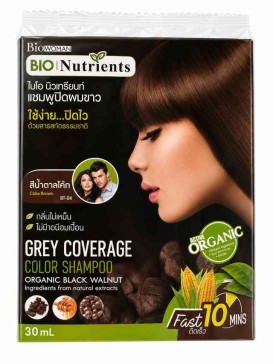Biowoman Bio Nutrients Grey Coverage Color Shampoo — шампунь-краска для закрашивания седины, оттенок BT-04 Coke Brown (коричневый), органический чёрный орех, без аммиака, 30 мл