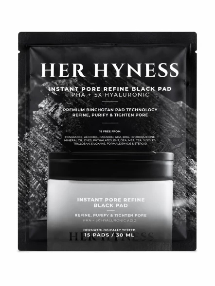 Her Hyness Instant Pore Refine Black Pad — тонер-пэды с бинчотаном, PHA и 5x гиалуроновой кислотой, 15 шт / 30 мл