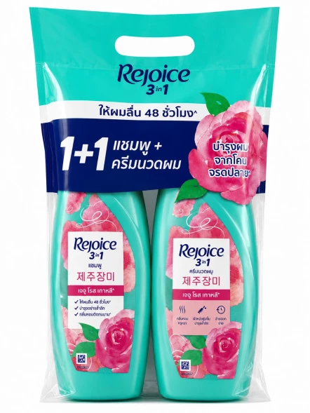 Rejoice Jeju Rose — набор шампунь 3-в-1 + кондиционер с ароматом розы Чеджу, 370 мл + 370 мл