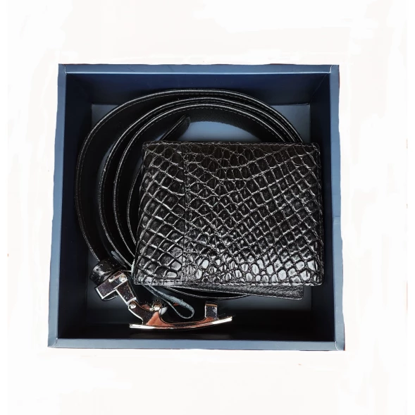 Набор для мужчины: ремень и зажим для денег из кожи сиамского крокодила (Черный) 