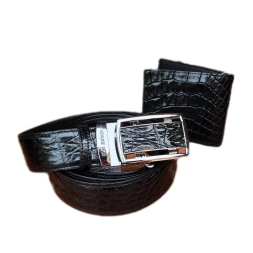 Набор для мужчины: ремень и зажим для денег из кожи сиамского крокодила (Черный)