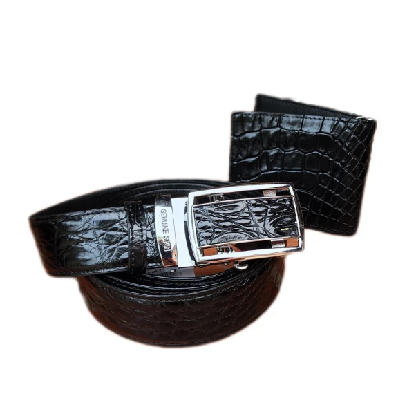 Набор для мужчины: ремень и зажим для денег из кожи сиамского крокодила (Черный) 